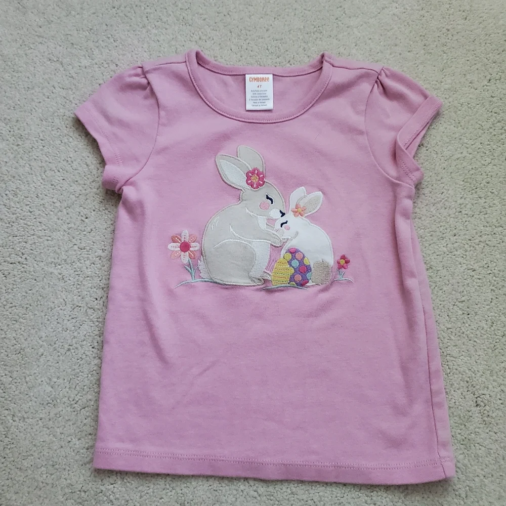Gymboree Girls Easter Bunny Rabbit Applique Pink Short Sleeve Shirt Top sz4T